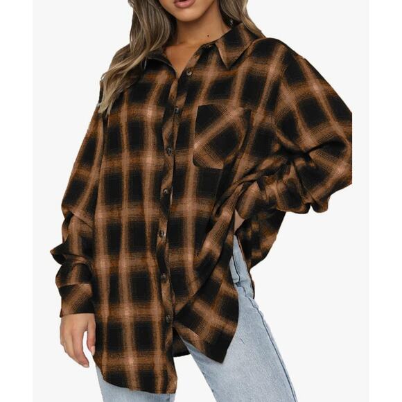 New Chyrii Womens Boyfriends Flannel Shirt Medium Black Brown Plaid Button Down - Picture 6 of 8